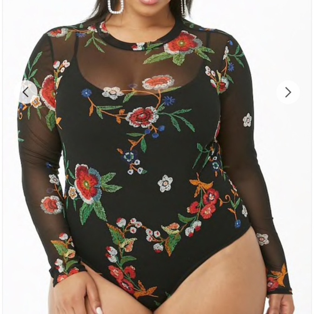 Floral mesh plus size bodysuit